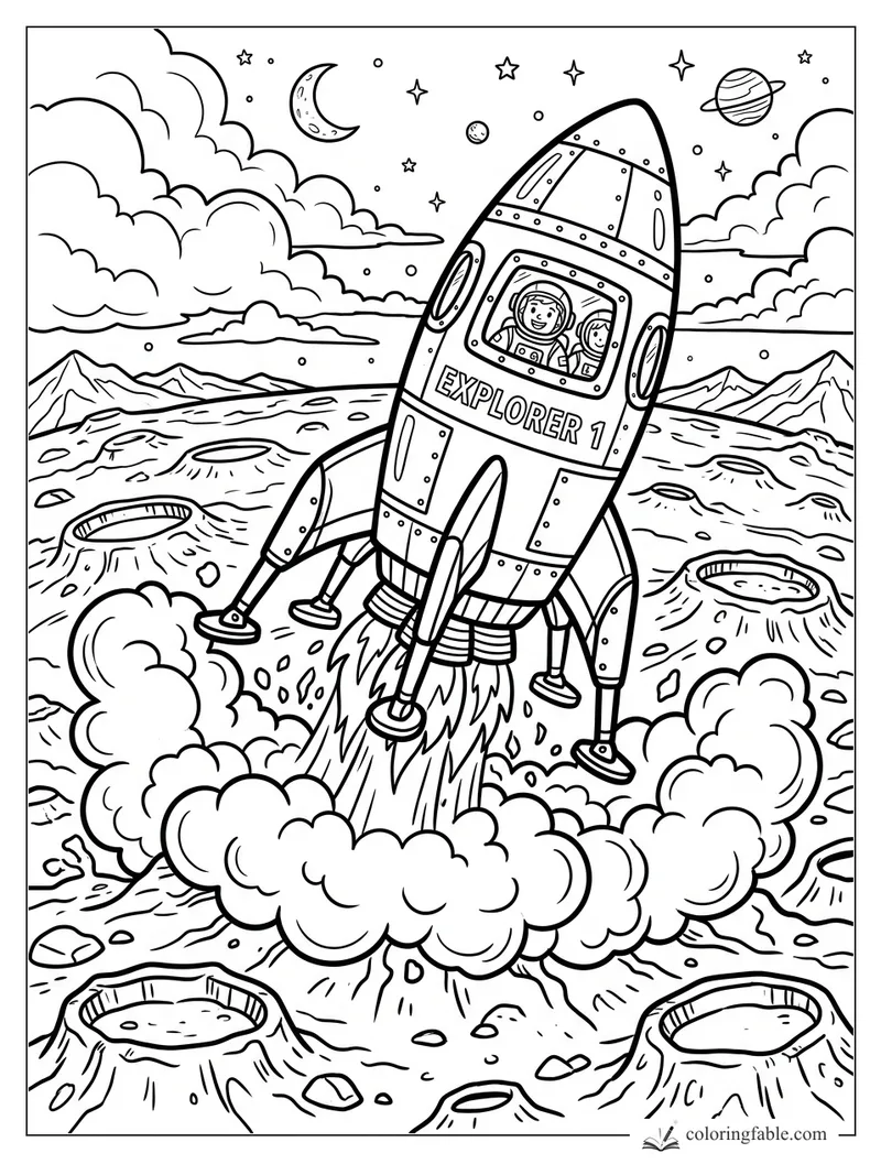 Cartoon Explorer 1 rocket lifting off from a cratered planet with two astronauts, clouds, stars, and moons