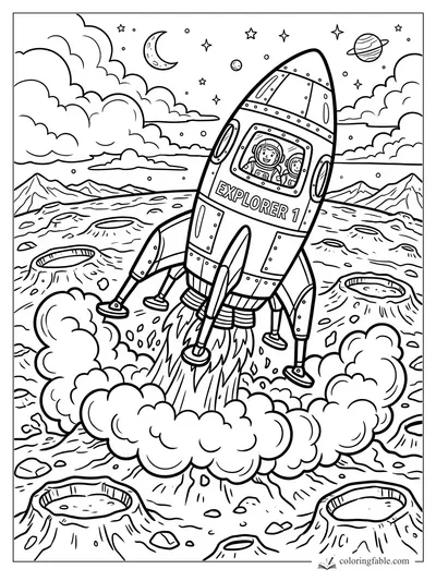 Cartoon Explorer 1 rocket lifting off from a cratered planet with two astronauts, clouds, stars, and moons