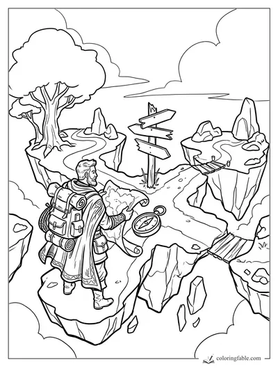 Fantasy explorer with map and compass facing wooden signs, bridges, trees, and floating cliffs in the clouds