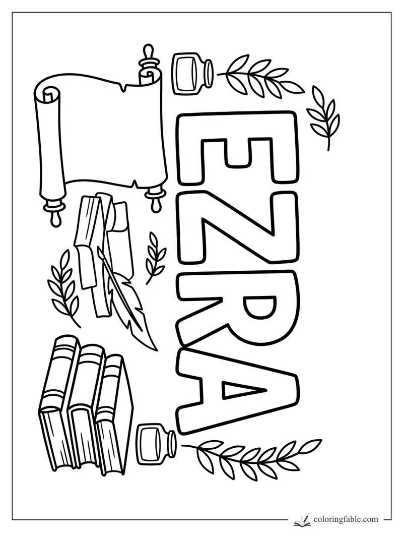 Ezra name coloring page with bold letters, scrolls, quills, ink bottles, books, and leafy sprigs