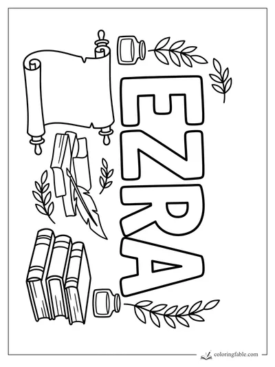 Ezra name coloring page with bold letters, scrolls, quills, ink bottles, books, and leafy sprigs