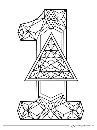 Geometric number 1 with crystal-like triangular facets and gem clusters at the top and base