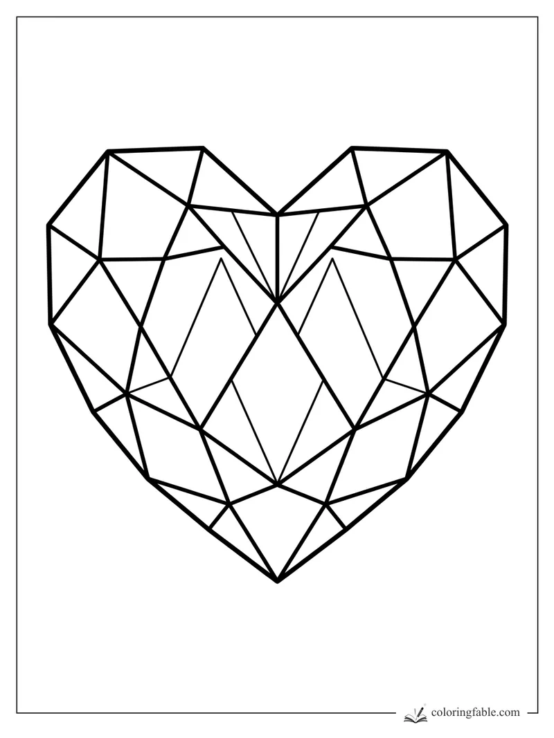 Geometric heart coloring page with bold triangular facets and a sharp crystal-like point