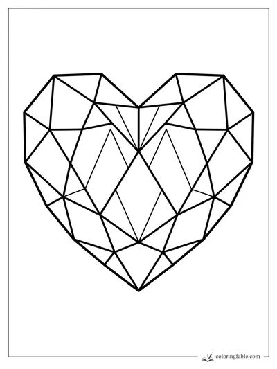 Geometric heart coloring page with bold triangular facets and a sharp crystal-like point