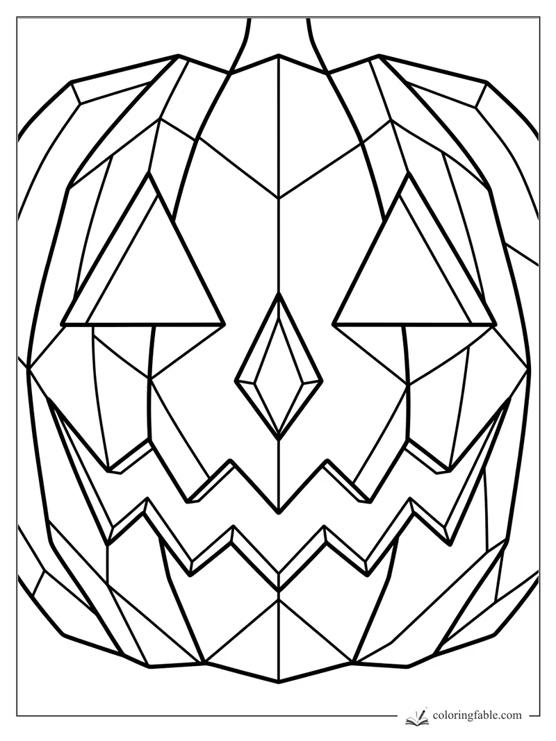 Geometric jack-o'-lantern coloring page with triangular eyes, diamond nose, jagged grin, and faceted pumpkin lines.