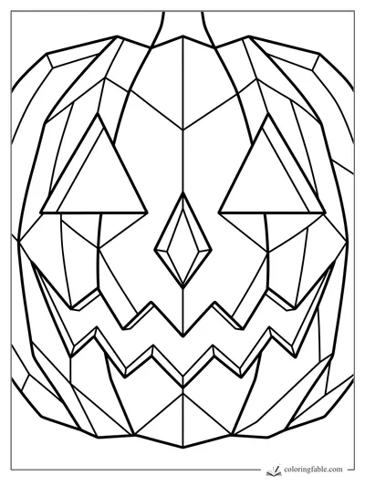 Geometric jack-o'-lantern coloring page with triangular eyes, diamond nose, jagged grin, and faceted pumpkin lines.