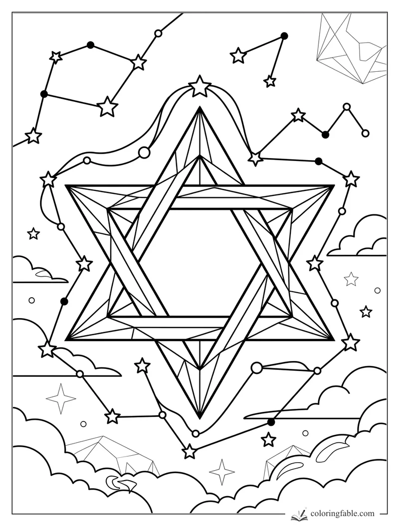 Geometric six-point star with faceted triangles, constellation lines, small stars, clouds, and crystal shapes.
