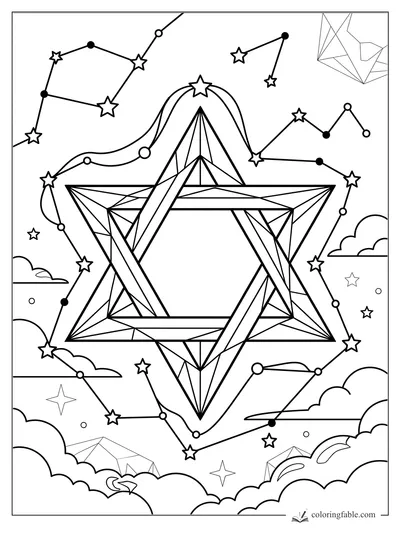 Geometric six-point star with faceted triangles, constellation lines, small stars, clouds, and crystal shapes.