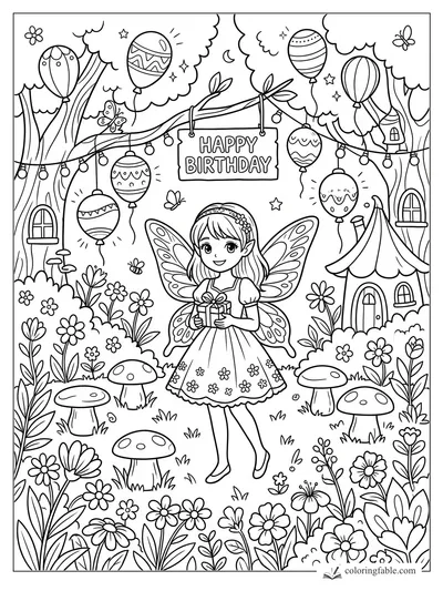 Manga fairy holding a gift under a Happy Birthday sign, with balloons, flowers, mushrooms, and fairy houses.