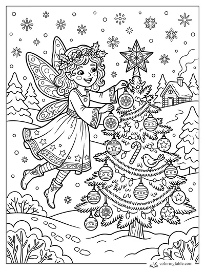Fairy hanging snowflake ornaments on a Christmas tree in a snowy forest with a cabin and stars