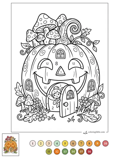 Fairy Door in a Smiling Pumpkin House — color by number