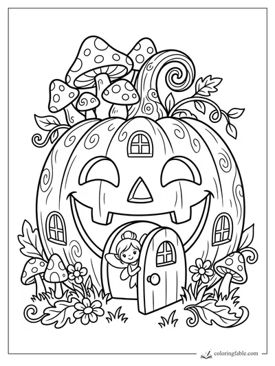 Kawaii jack-o'-lantern house with a fairy at the open door, mushrooms, vines, flowers, and tiny windows.