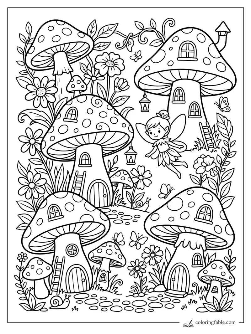 Cartoon fairy flying among spotted mushroom houses with flowers, ladders, butterflies, and a snail path