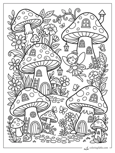 Cartoon fairy flying among spotted mushroom houses with flowers, ladders, butterflies, and a snail path