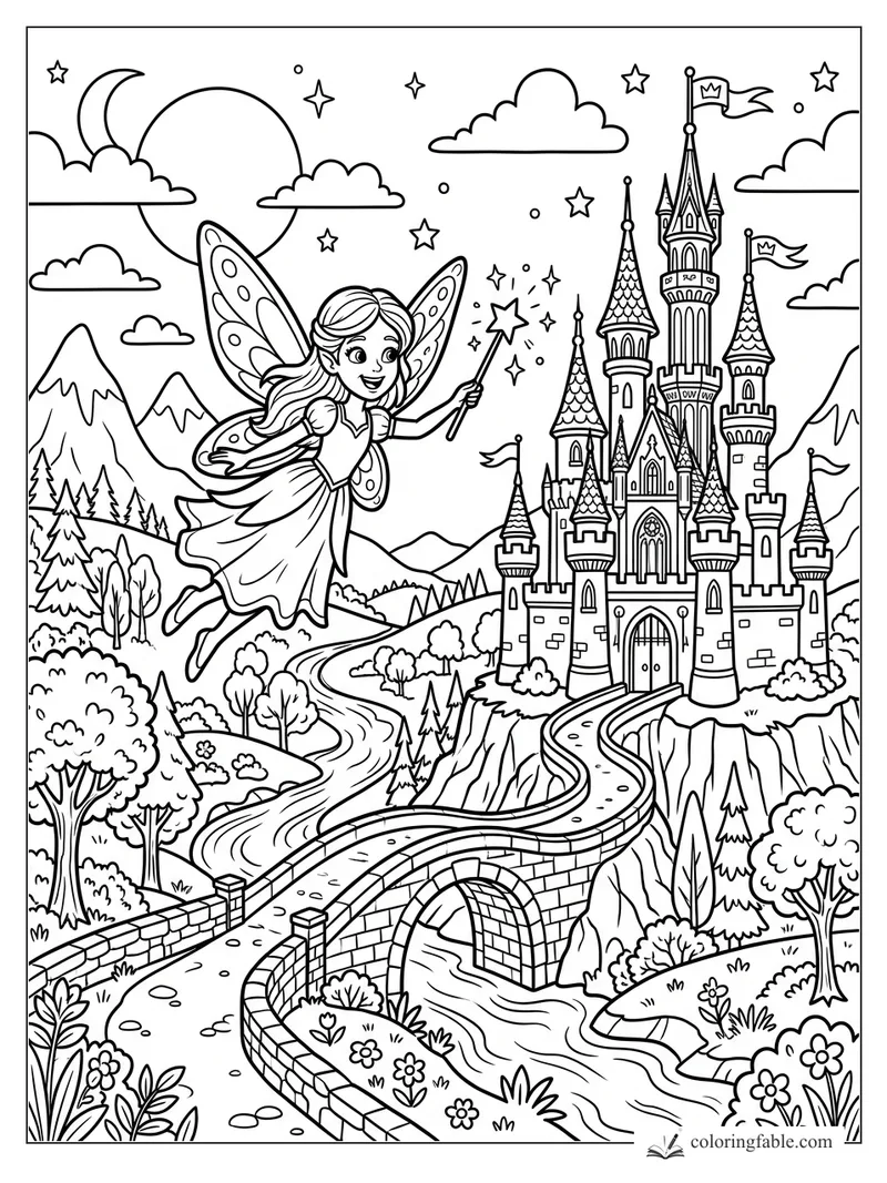 Cartoon fairy with wand flying over a bridge toward a tall castle, mountains, moon, clouds, and stars