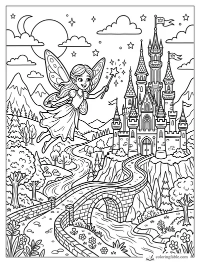 Cartoon fairy with wand flying over a bridge toward a tall castle, mountains, moon, clouds, and stars