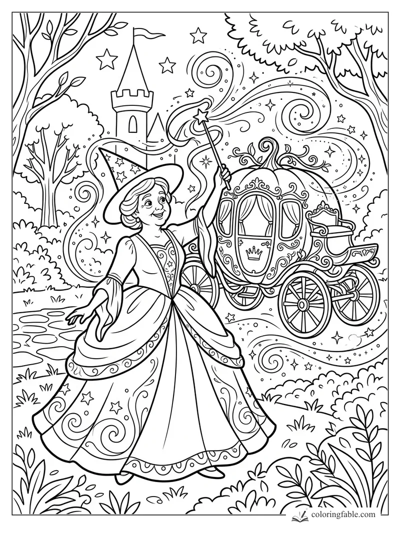 Fairy godmother raises a star wand beside a pumpkin coach, castle tower, trees, and swirling magic.