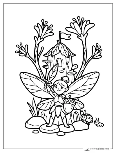 Smiling fairy guard with leaf sword, acorn shield, tree house, mushrooms, ladybug, and caterpillar.
