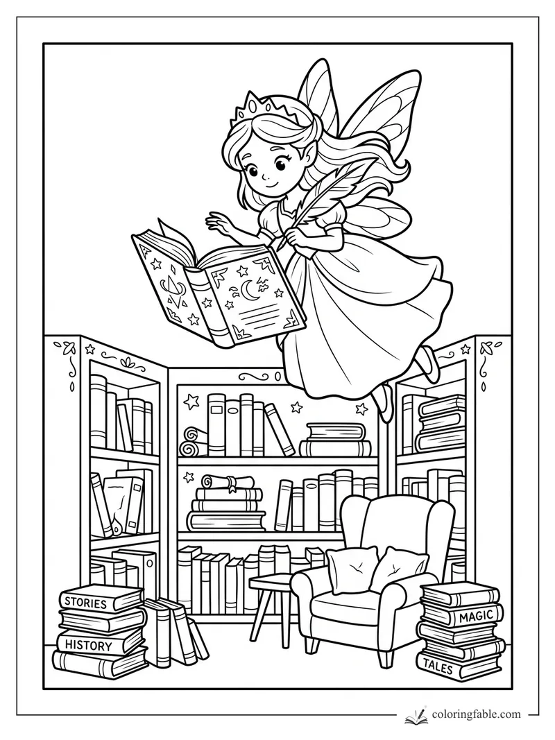 Fairy with crown and quill floats above library shelves, reading a starry magic book.