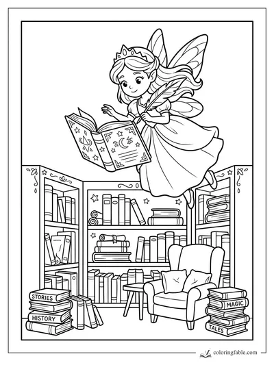 Fairy with crown and quill floats above library shelves, reading a starry magic book.
