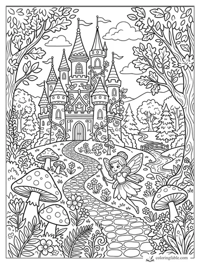 Fairy with wand on a cobblestone path to a flower-covered castle with mushrooms and trees
