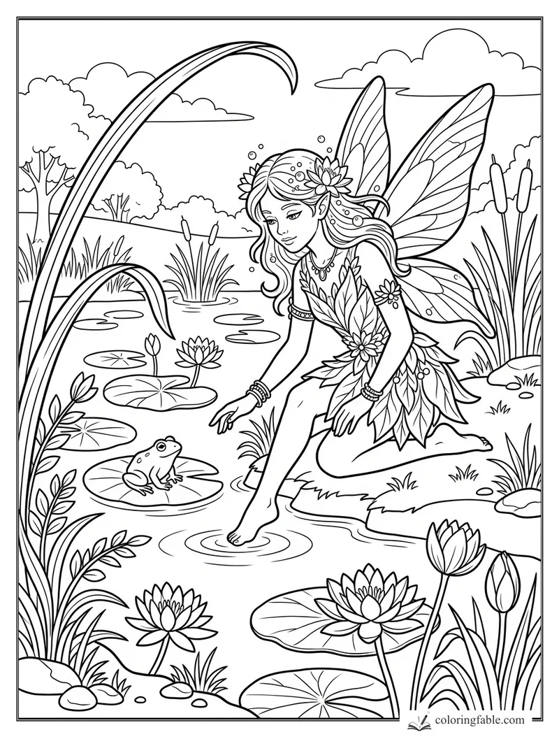 Fairy kneeling at a pond with a frog on a lily pad, water lilies, cattails, and tall wings