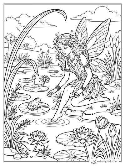Fairy kneeling at a pond with a frog on a lily pad, water lilies, cattails, and tall wings