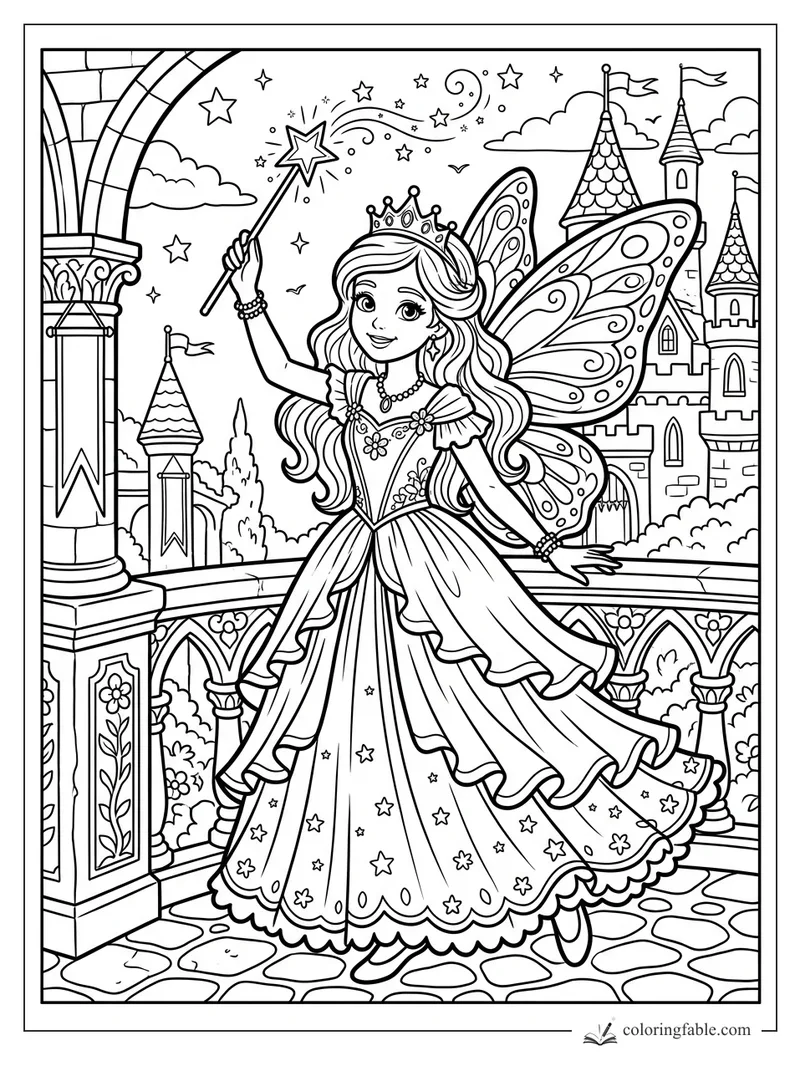 Cartoon fairy princess with wand, wings, crown, and castle towers on a balcony coloring page