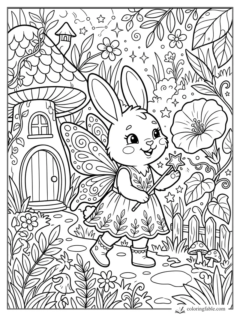 Cartoon fairy rabbit with wings and star wand outside a mushroom cottage in a leafy garden.