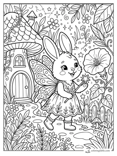 Cartoon fairy rabbit with wings and star wand outside a mushroom cottage in a leafy garden.
