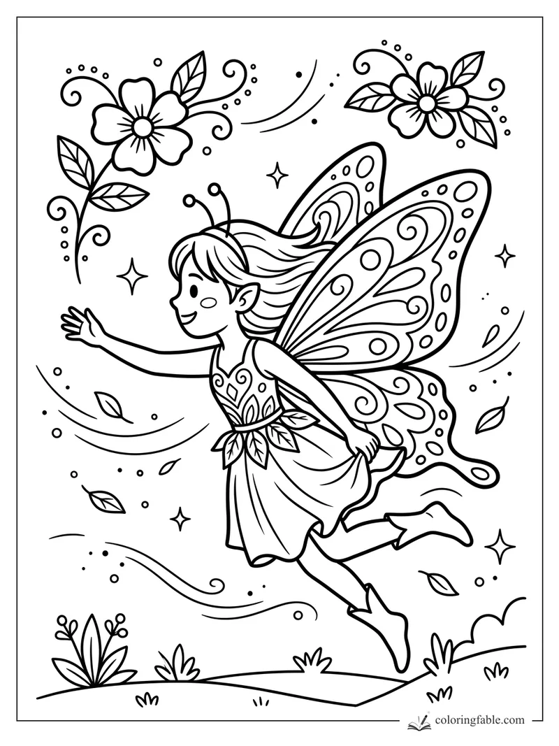 Cartoon fairy flying with patterned wings, reaching toward swirling leaves, flowers, sparkles, and curving vines.