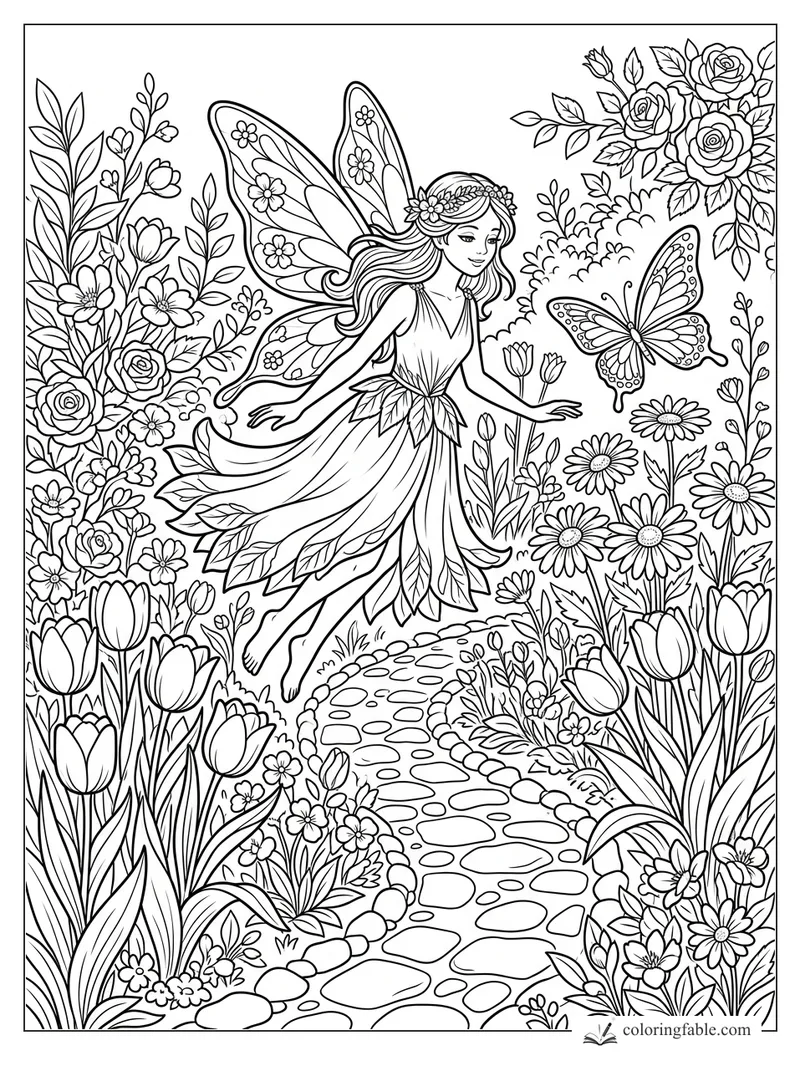 Fairy with flowered wings reaching toward a butterfly on a winding garden path