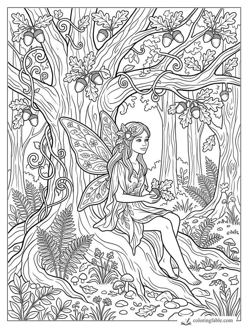 Fairy sitting on an oak root holding acorns, with patterned wings, ferns, vines, mushrooms, and tall trees