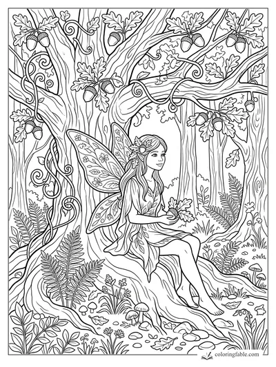 Fairy sitting on an oak root holding acorns, with patterned wings, ferns, vines, mushrooms, and tall trees
