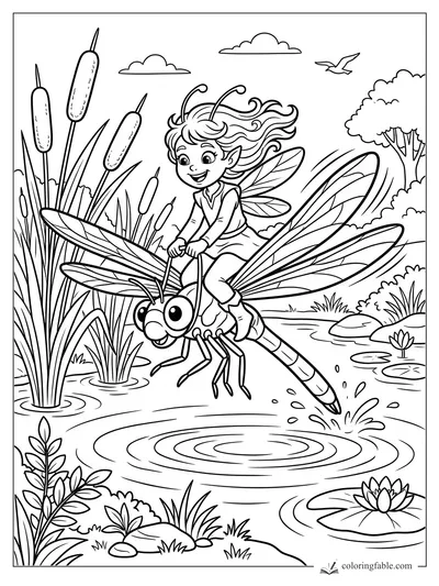 Cartoon fairy riding a dragonfly above a pond with cattails, lily pads, clouds, and a bird