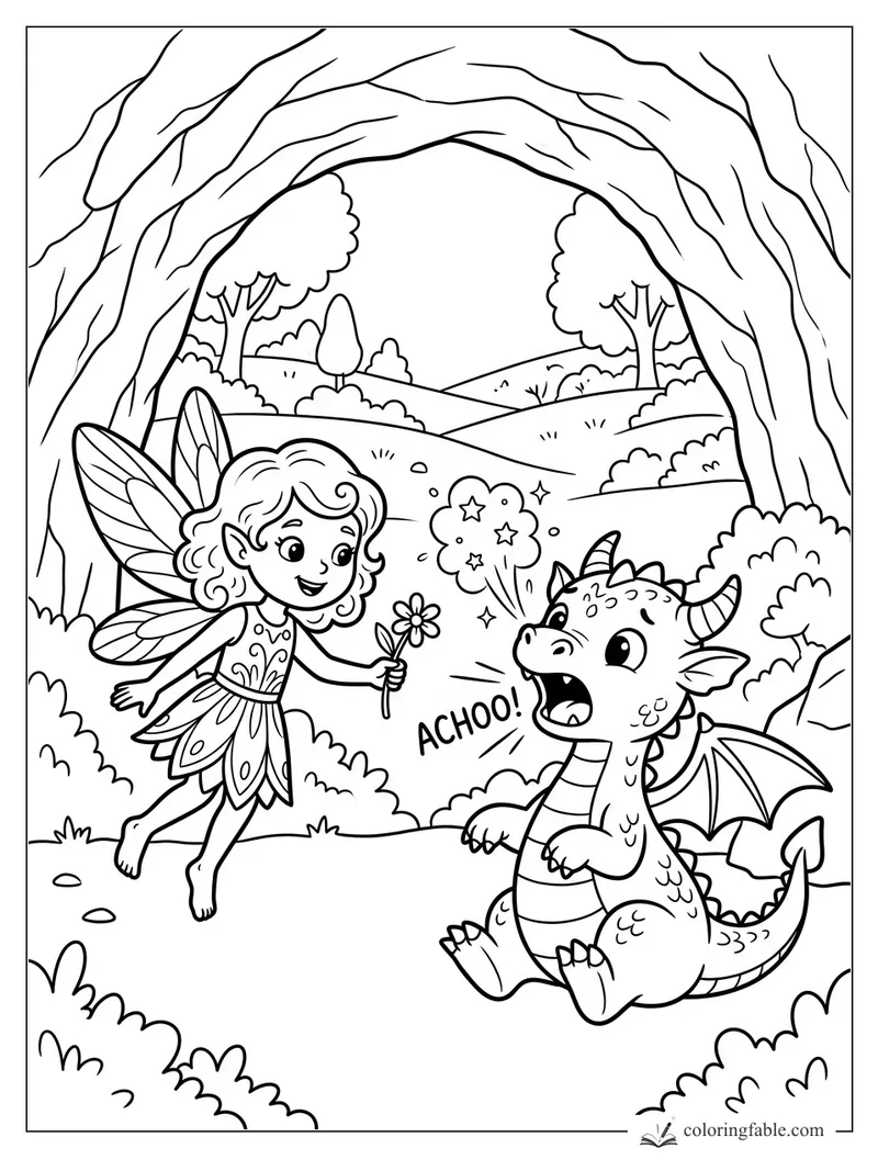 Cartoon fairy holding a flower as a baby dragon sneezes in a tree-arch forest clearing