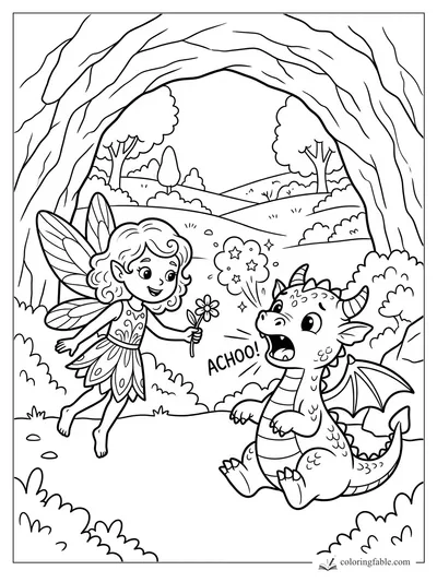 Cartoon fairy holding a flower as a baby dragon sneezes in a tree-arch forest clearing