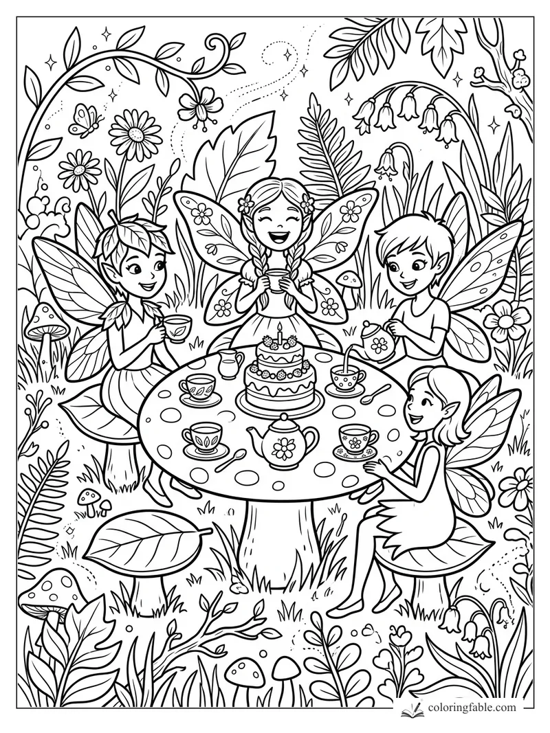 Four cartoon fairies sharing tea and cake at a mushroom table in a leafy garden