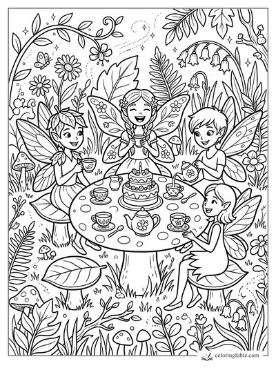 Four cartoon fairies sharing tea and cake at a mushroom table in a leafy garden