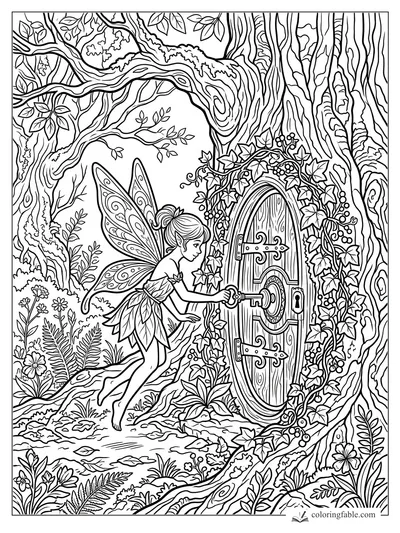 Fairy turning a key in an ivy-framed wooden door set inside a giant forest tree