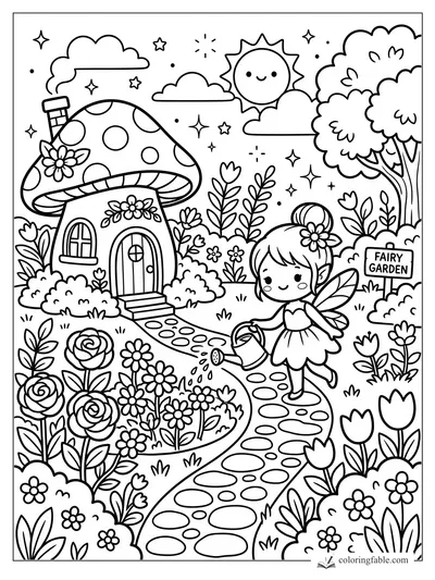 Kawaii fairy watering flowers beside a mushroom house, winding stone path, smiling sun, and fairy garden sign.