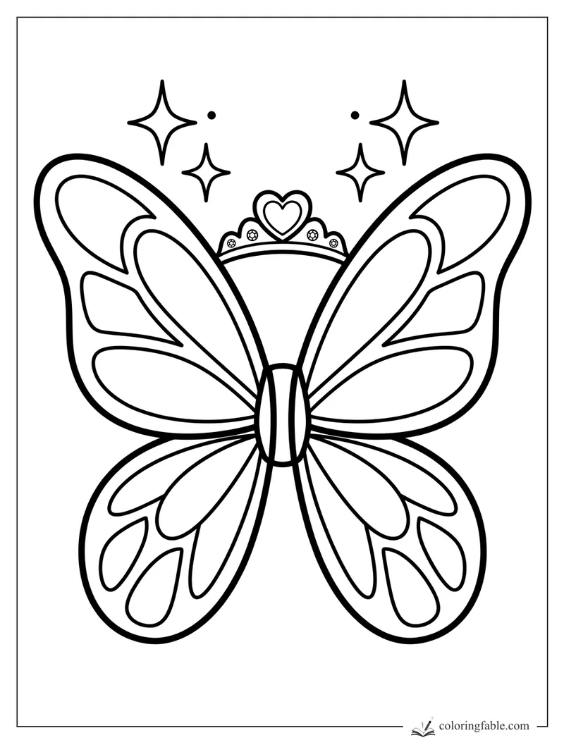 Easy fairy coloring page with big butterfly wings, heart crown, jewels, and sparkles