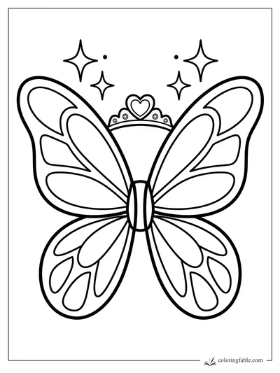 Easy fairy coloring page with big butterfly wings, heart crown, jewels, and sparkles