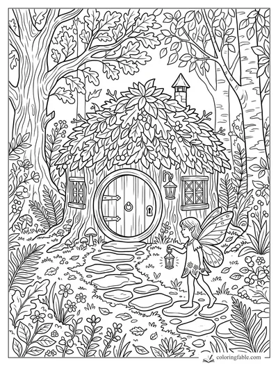 Fairy holding a lantern beside a round-doored leaf cottage in a detailed forest coloring page