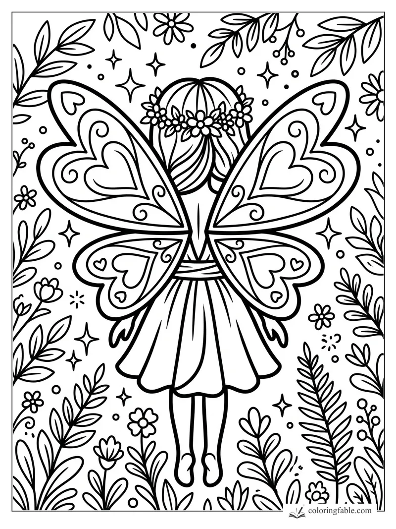 Easy fairy coloring page with heart wings, flower crown, leafy border, stars, and garden flowers.