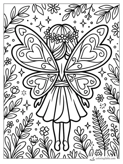 Easy fairy coloring page with heart wings, flower crown, leafy border, stars, and garden flowers.