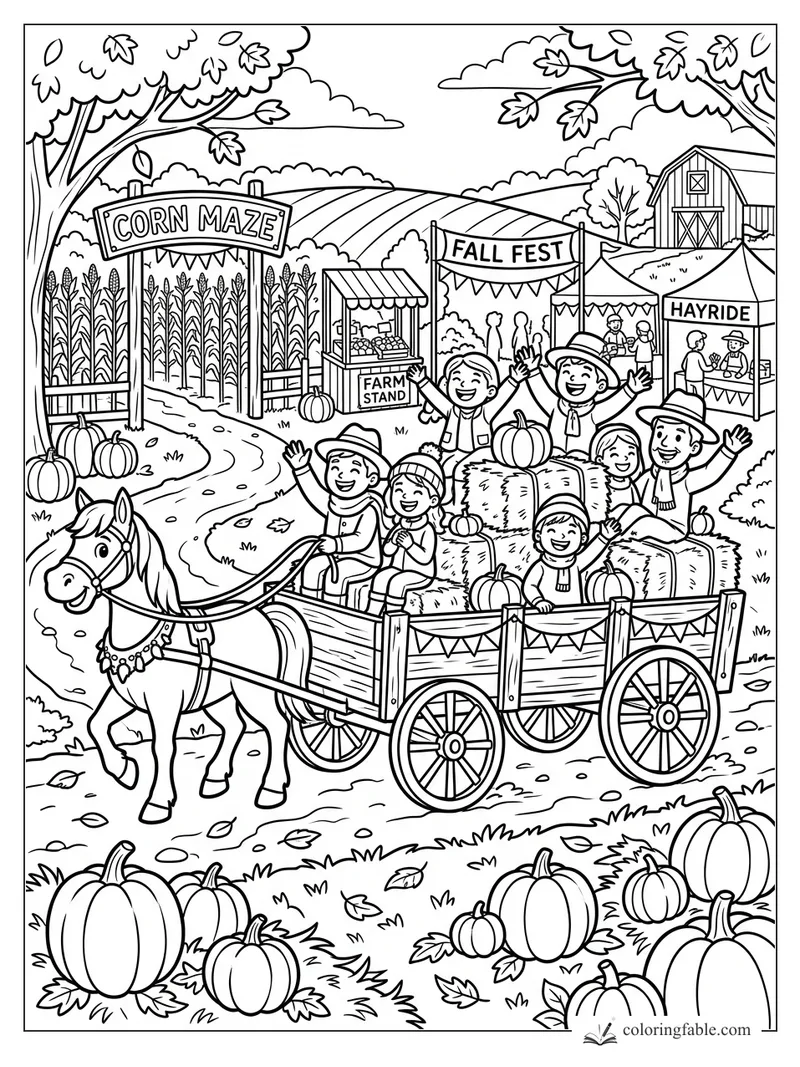 Kids wave from a horse-drawn hayride at a fall fest with corn maze, pumpkins, farm stand, and barn.