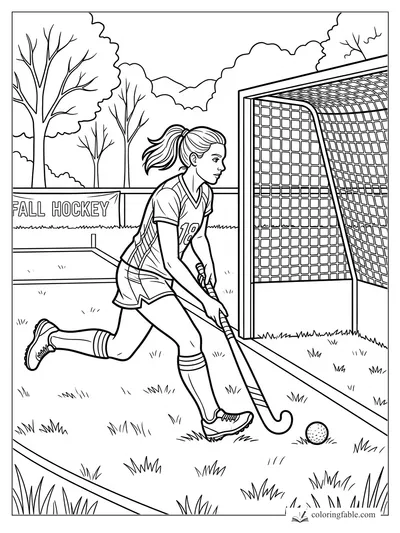 Field hockey player in jersey 18 aims at a ball beside a net on a fall hockey field.