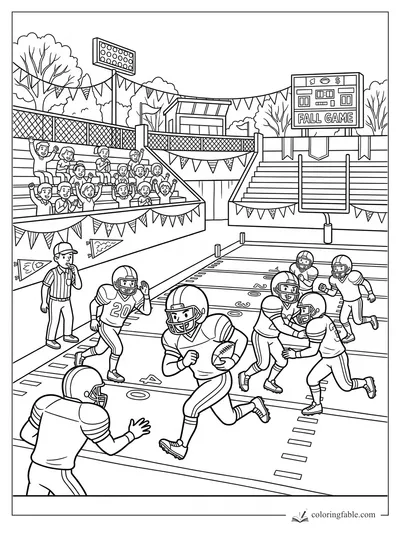 Cartoon football runner carries the ball past blockers while fans cheer under a Fall Game scoreboard.