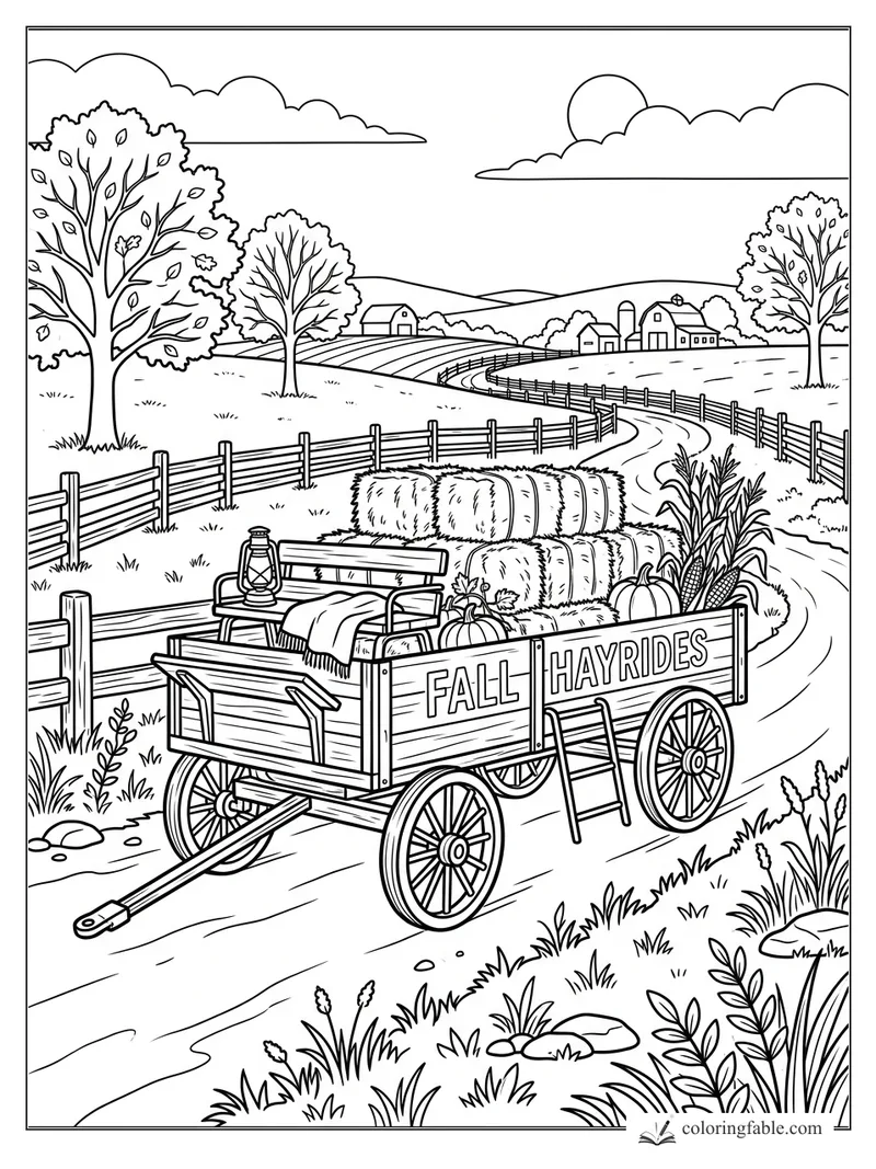 Vintage farm coloring page with a Fall Hayrides wagon, hay bales, pumpkins, corn, fences, trees, and barns.